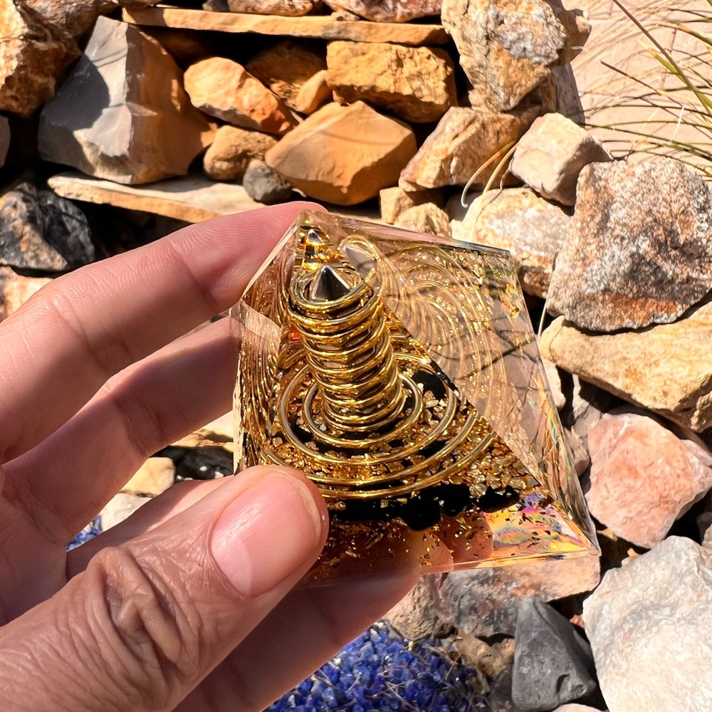 Gold and Black obsidian Orgonite Pyramid